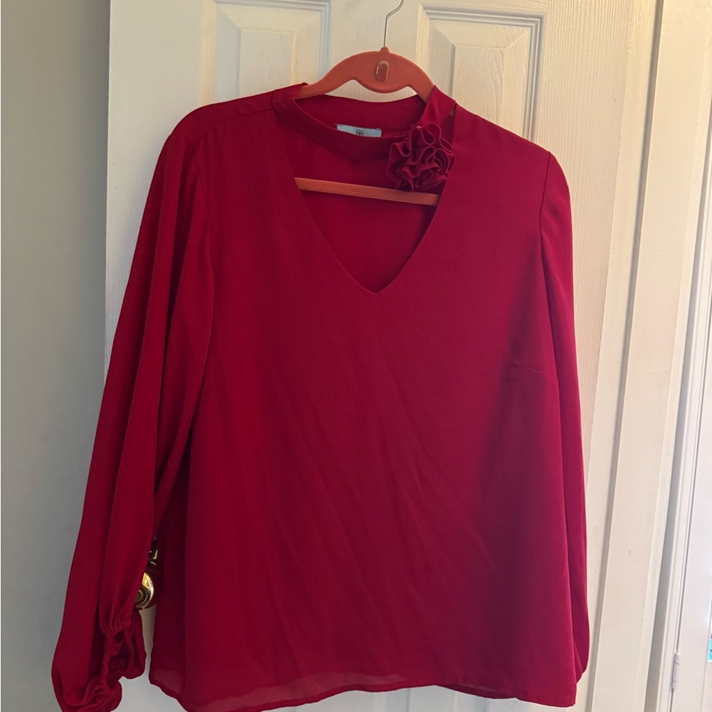 CeCe Red V-Neck Blouse with Floral Detail